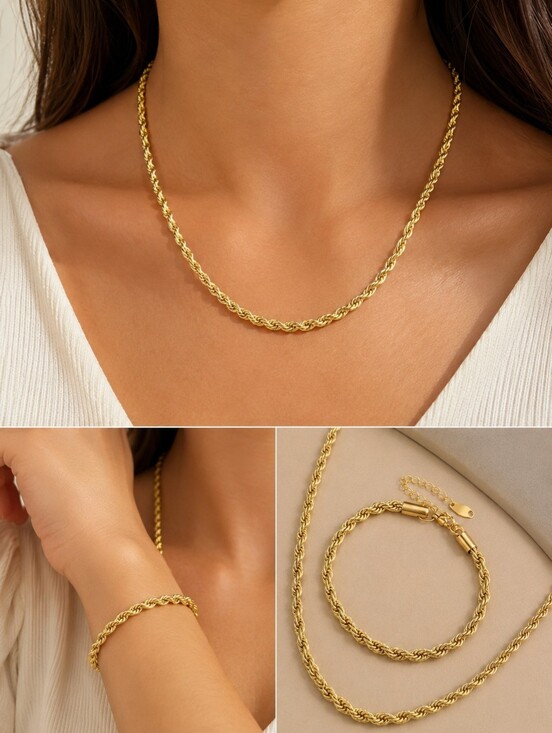 Jewelry - Stainless Steel Gold Rope Chain Necklace Bracelet Set Womens Jewelry Gift New